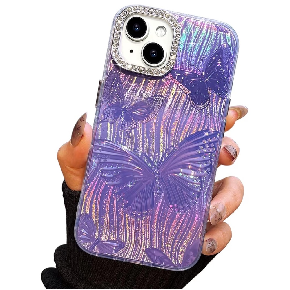 iPhone 14 iPhone 13 Case Butterfly Design 3D Diamond Camera Lens NEW Purple